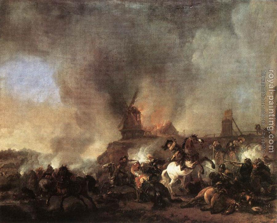 Philips Wouwerman : Cavalry Battle in front of a Burning Mill